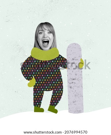 At winter vacation. Excited, happy girl wearing warm winter clothes with ssnowboard. Illustration with woman's portrait. Modern design, contemporary art collage. Inspiration, idea, travel, leisure