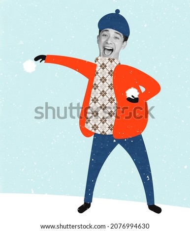 Cute cartoon man wearing warm winter clothes. Illustration with man's portrait. Modern design, contemporary art collage. Inspiration, idea, fashion and style. Funny sticker design. Copyspace for ad.