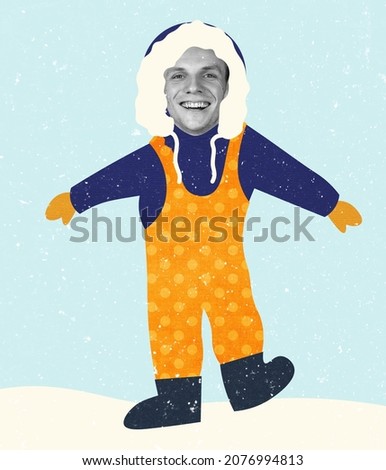 Cute cartoon man wearing warm winter clothes. Illustration with man's portrait. Modern design, contemporary art collage. Inspiration, idea, fashion and style. Funny sticker design. Copyspace for ad.