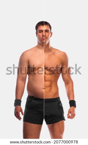 Awesome Before and After Weight Loss fitness Transformation. The man was fat but became fit. Fat to athlete. Royalty-Free Stock Photo #2077000978