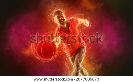 Bowling banner. Professional bowling player in action. Concept of sport, movement, energy, dynamic
