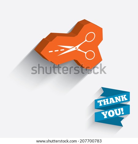 Scissors with cut dash dotted line sign icon. Tailor symbol. White icon on orange 3D piece of wall. Carved in stone with long flat shadow. Vector