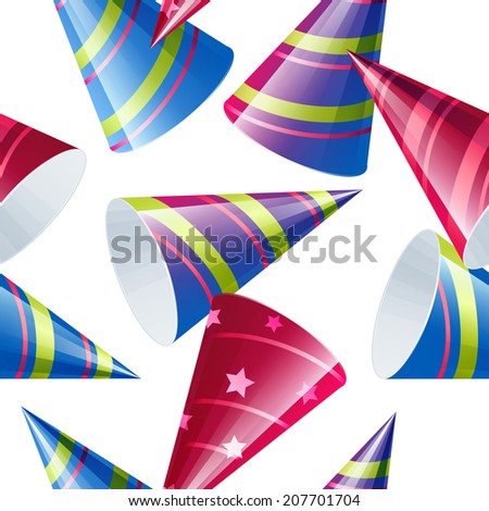 Bright festive seamless pattern with funny colored caps. Vector illustration