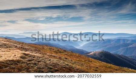 Majestic panorama of the mountains on a sunny autumn day. Location Karpaty, Ukraine, Europe. The world of beauty.