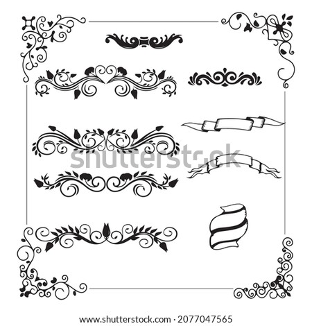 Decorative text dividers. Floral ornament border, vintage hand-drawn decorations, and flourish sketch calligraphic divider vector set. Curly branches. Swirly design elements, antique decor
