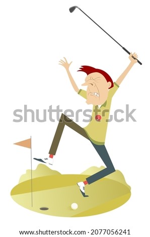 Upset golfer on the golf course illustration. Cartoon angry golfer man with hands up trying to do a good kick	