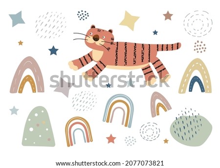 Cute striped tiger with rainbow, stars, clouds set. Illustration for nursery. Vetor flat illustraion.
