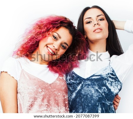 best friends teenage girls together having fun, posing emotional isolated on white background, asian and latin american woman cheerful, lifestyle people concept