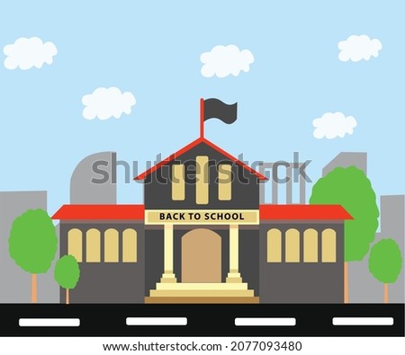 Flat style school building on bright orange background. Back to school banner design concept. College, university, academy vector illustration