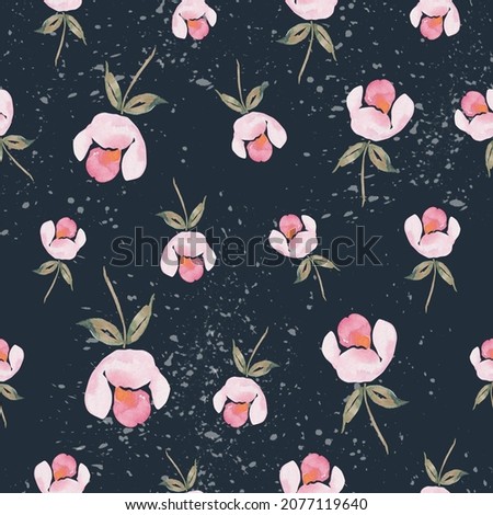 Watercolor botanical seamless pattern wild flowers and garden plants. Hand drawn leaves, pink flowers, herbs and natural elements. For fabric, textile, print, bedding, wrapping paper, decoration wear.