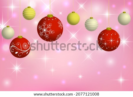 A message card with red and gold Christmas balls  on a pink glitter background. Vector illustration.
