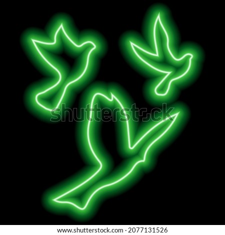 Green neon silhouettes of three birds flying in the sky on black. Freedom, flight, upward movement. Vector illustration