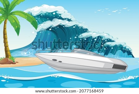 Beach scene with speed boat on sea wave illustration