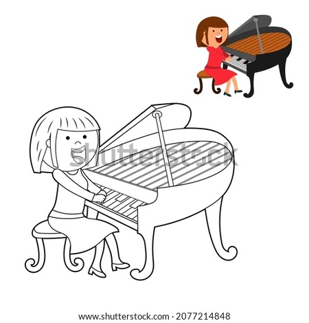 coloring book for children. color it according to the drawing. cute cartoon girl playing the piano. vector isolated on a white background