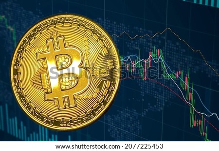 Photo graphic of Bitcoin cryptocurrency coin with stock chart and candlesticks showing rising trend in blockchain the background