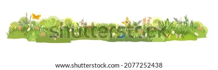 Meadow. Summer herbal glade. Grass close up. Flowers. Rural beautiful landscape. Wild uncut lawn. Cartoon style. Flat design. Isolared on white background. Illustration vector art. Royalty-Free Stock Photo #2077252438