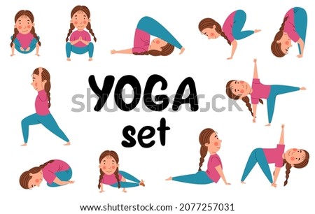A set with yoga poses. A European child is engaged in sports.