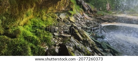 A view of the Jagala joa waterfall in a green summer forest. Cliff, mossy stones and water splashes close-up. idyllic landscape. Environmental conservation, recreation, sightseeing theme. Estonia Royalty-Free Stock Photo #2077260373