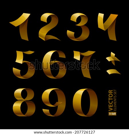 Set of isolated golden shining ribbon numbers on black background. RGB EPS 10 vector illustration