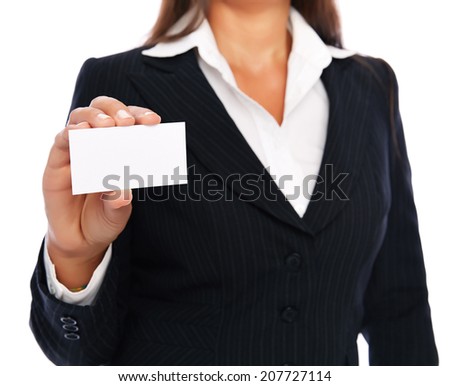 Close up of a business card held by a faceless woman in suit.   Isolated on a white background.