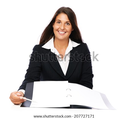 Business woman showing blank notebook copy space with pen.   Isolated on a white background.