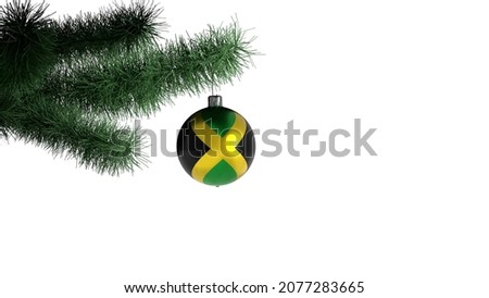 New Year's ball with the flag of Jamaica on a Christmas tree branch isolated on white background. Christmas and New Year concept.