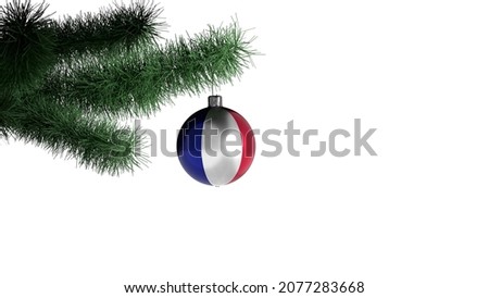 New Year's ball with the flag of France on a Christmas tree branch isolated on white background. Christmas and New Year concept.