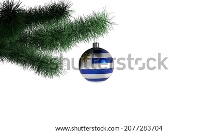New Year's ball with the flag of Uruguay on a Christmas tree branch isolated on white background. Christmas and New Year concept.