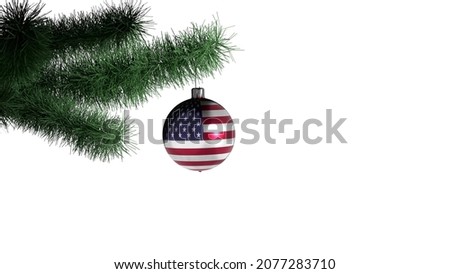New Year's ball with the flag of USA on a Christmas tree branch isolated on white background. Christmas and New Year concept.