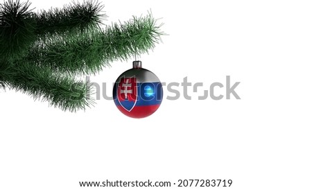 New Year's ball with the flag of Slovakia on a Christmas tree branch isolated on white background. Christmas and New Year concept.