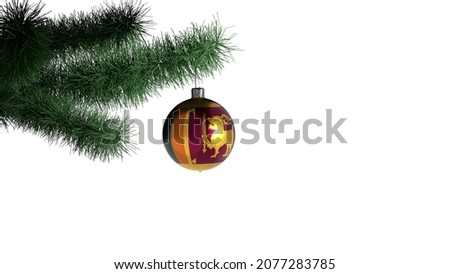 New Year's ball with the flag of Sri Lanka on a Christmas tree branch isolated on white background. Christmas and New Year concept.