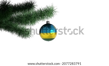 New Year's ball with the flag of Rwanda on a Christmas tree branch isolated on white background. Christmas and New Year concept.