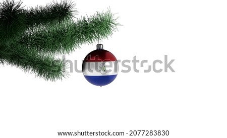 New Year's ball with the flag of Paraguay on a Christmas tree branch isolated on white background. Christmas and New Year concept.