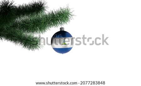 New Year's ball with the flag of Nicaragua on a Christmas tree branch isolated on white background. Christmas and New Year concept.