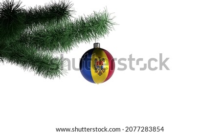 New Year's ball with the flag of Moldova on a Christmas tree branch isolated on white background. Christmas and New Year concept.