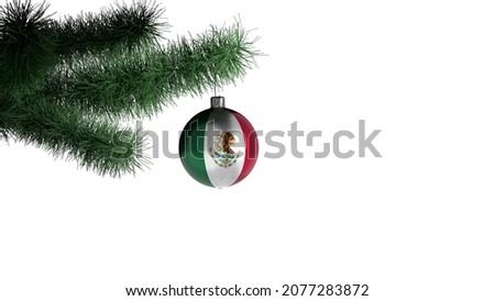 New Year's ball with the flag of Mexico on a Christmas tree branch isolated on white background. Christmas and New Year concept.