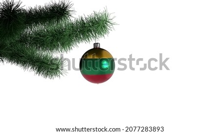 New Year's ball with the flag of Lithuania on a Christmas tree branch isolated on white background. Christmas and New Year concept.