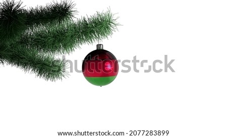 New Year's ball with the flag of Malawi on a Christmas tree branch isolated on white background. Christmas and New Year concept.