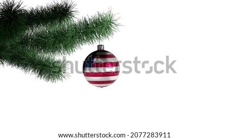 New Year's ball with the flag of Liberia on a Christmas tree branch isolated on white background. Christmas and New Year concept.