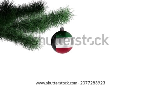 New Year's ball with the flag of Kuwait on a Christmas tree branch isolated on white background. Christmas and New Year concept.