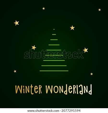 Green silhouette of a Christmas tree with snow and golden stars. Merry Christmas and Happy New Year 2022. Vector illustration. Winter Wonderland.