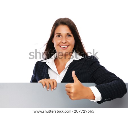 Business woman showing thumbs up with a blank grey sign.    Isolated on a white background. 