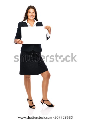 Business woman happy cheerful smiling presenting empty copy space sign.    Isolated on a white background.