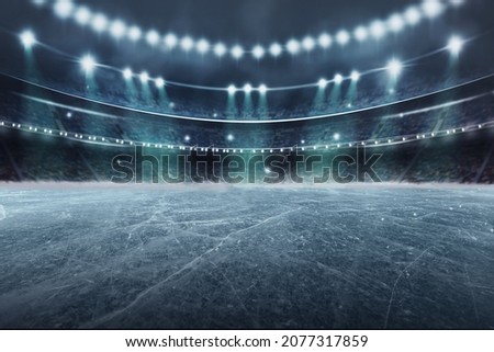 real Gold, silver and bronze medals in the large, illuminated winter ice stadium - 3D illustration Royalty-Free Stock Photo #2077317859