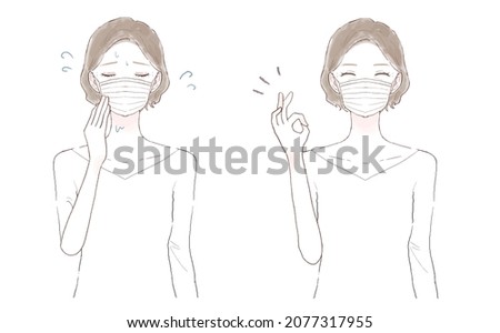 Before and after of middle-aged women who suffer from steaming due to wearing a mask. On white background.
