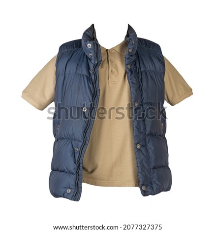 dark blue sleeveless jacket and beige t-shirt with a collar on buttons isolated on white background