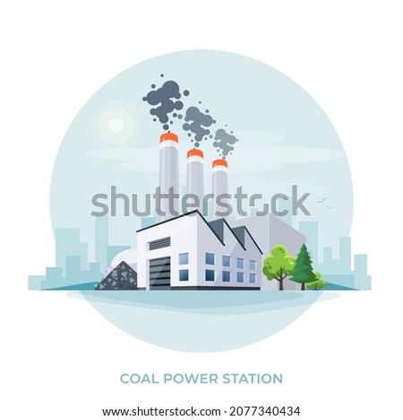 Coal-fired power plant station. Thermal factory that burns coal to generate electricity and produce emissions. Dirty fossil fuel combustion facility. Isolated vector illustration on white background. Royalty-Free Stock Photo #2077340434