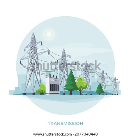 High voltage electricity distribution grid pylons. Flat vector illustration of utility electric transmission transformer network providing energy supply. Electrical power lines in circle background. Royalty-Free Stock Photo #2077340440
