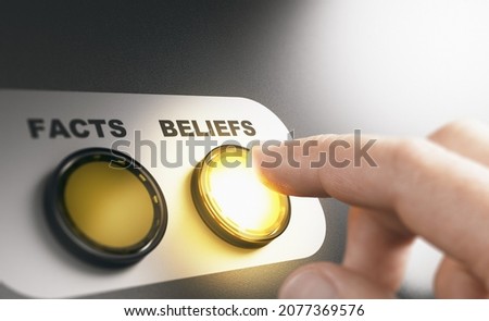 Finger pressing a button with the word beliefs intead of facts during a cognitive psychological experiment. Composite image between a hand photography and a 3D background. Royalty-Free Stock Photo #2077369576