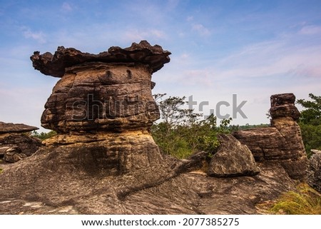 The strange of rock pillars in Phu Pha Theop National Park, Mukdahan province, Thailand.
